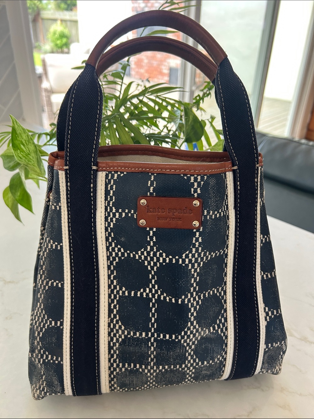 Kate Spade Coated Canvas With Leather Trim Tote Bag / Purse Blue/ White